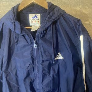VTG Adidas Jacket Mens L Blue Mesh Lined Logo Windbreaker Hooded Rain Coat Y2K